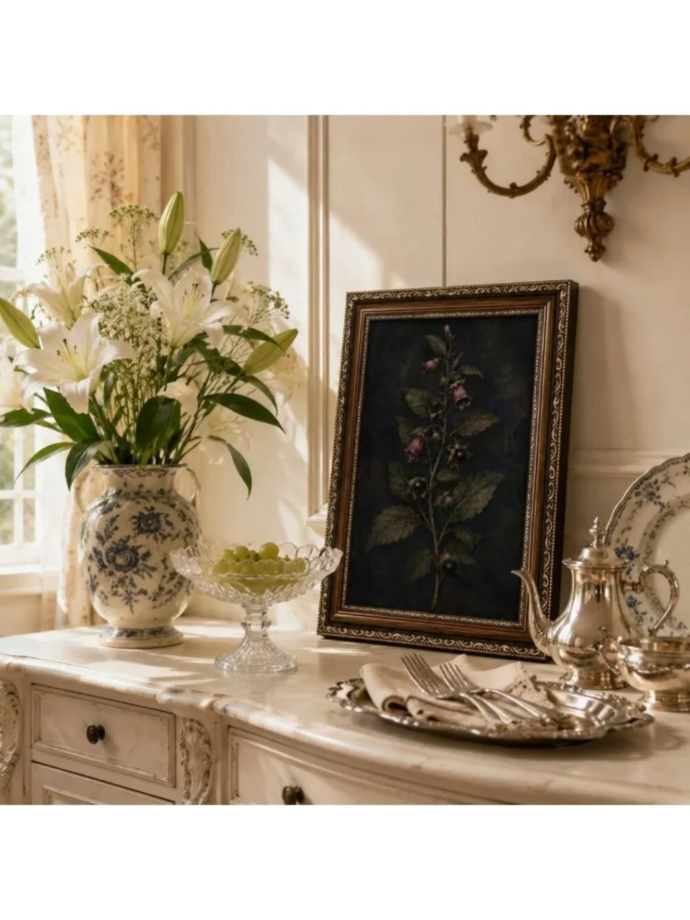 Moody Floral Wall Art - Vintage Gold Framed Dark Botanical Decor for Home